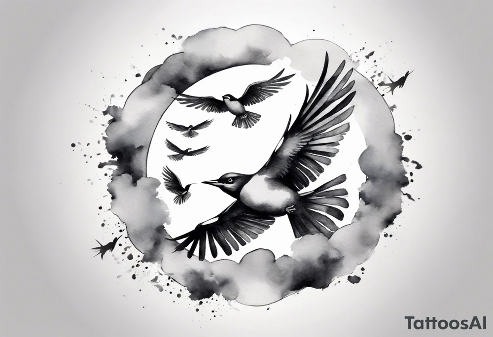 shoulder tattoo with light rays with birds flying free among the clouds, round shape, 3d effect tattoo idea