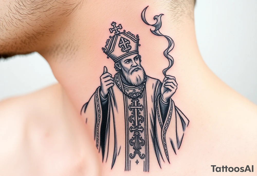 Russian Orthodox Priest in a fully detailed gold vestment swinging a censer with smoke curling upward tattoo idea