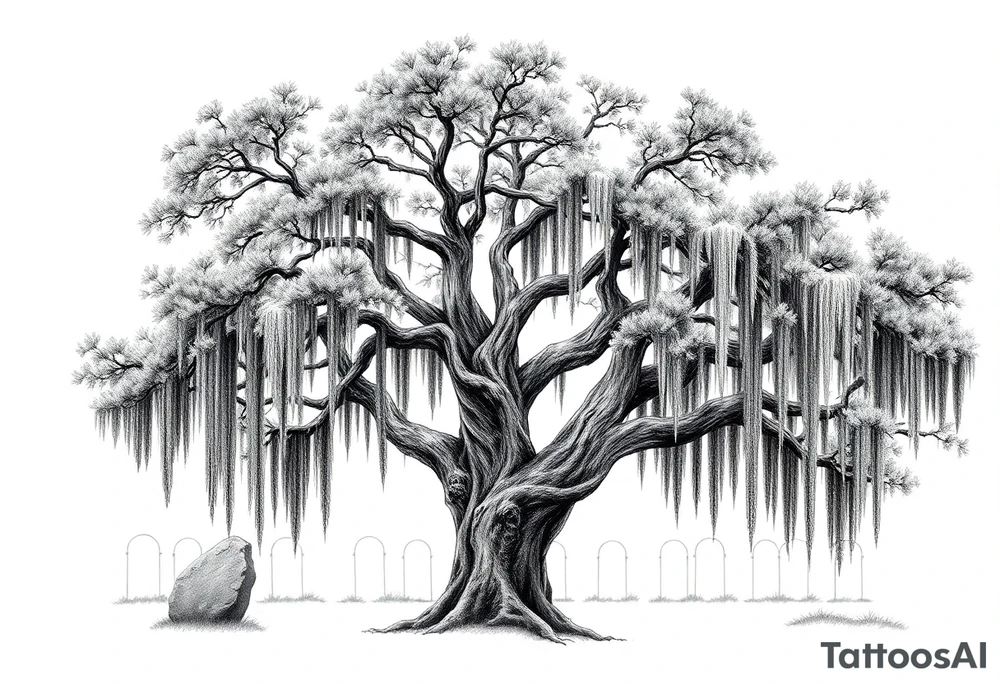 Laurel oak with Spanish moss in a cemetery tattoo idea