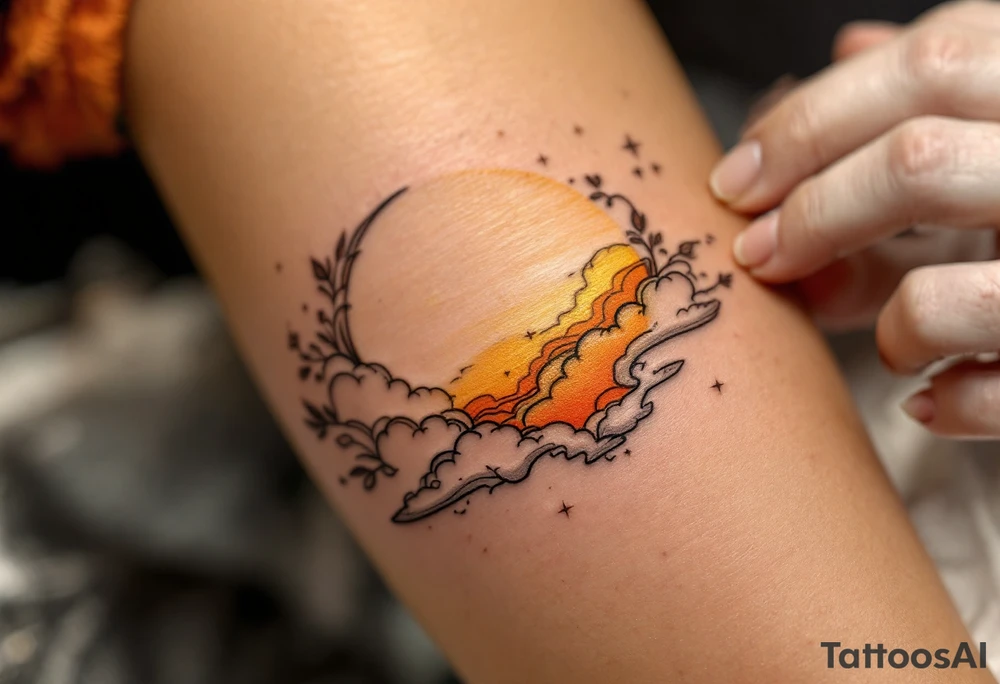 Danielka scripted along a golden sunbeam, peeking from behind clouds. tattoo idea