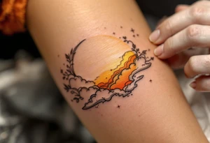 Danielka scripted along a golden sunbeam, peeking from behind clouds. tattoo idea