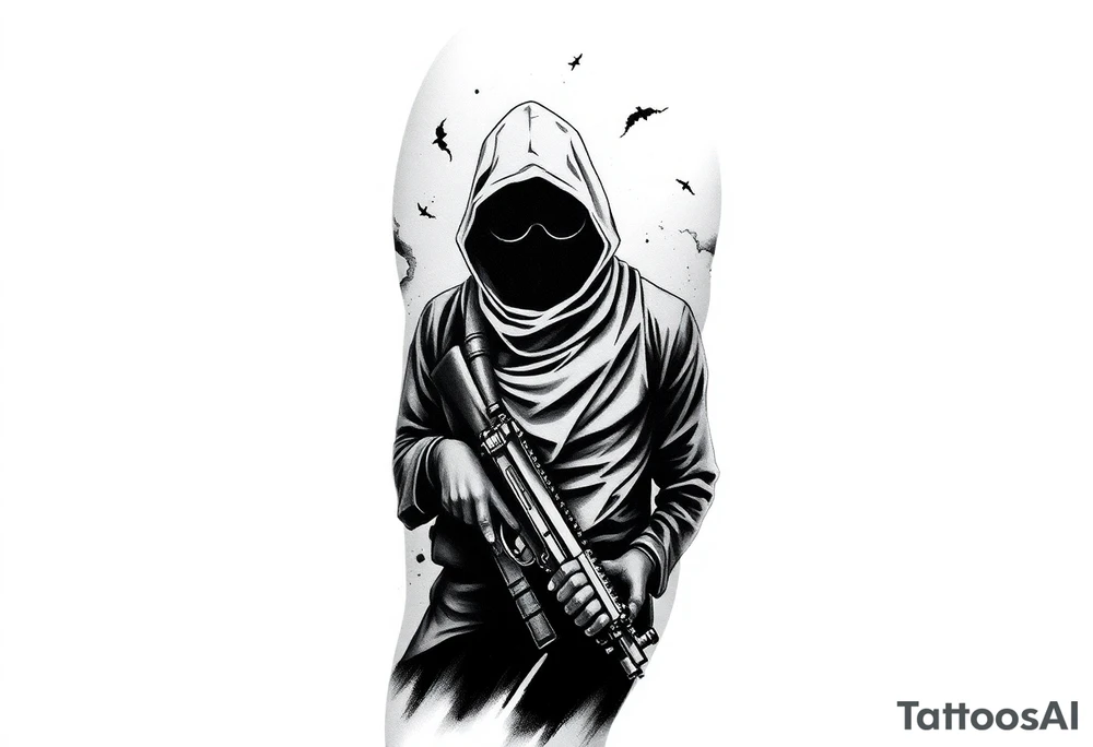 Minimalist covert operative symbolism representing loyalty and survival, faceless soldier silhouette emerging from darkness, torn fabric, subtle scars, controlled posture, black and grey realism, emotional restraint, understated strength, tattoo sleeve element. tattoo idea
