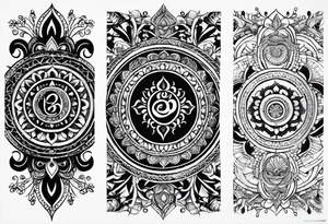 Spiritual forearm sleeve tattoo centred around the Sanskrit Om symbol for breathe tattoo idea
