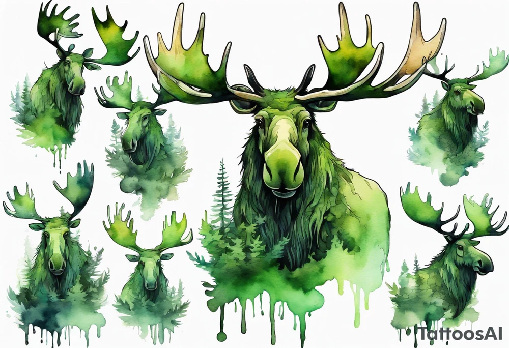 a giant green mossy moose with shadow beards perched on its antlers tattoo idea