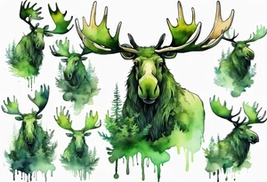 a giant green mossy moose with shadow beards perched on its antlers tattoo idea