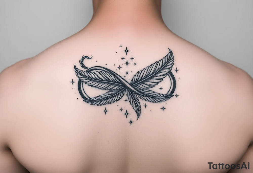 infinity symbol woven with floating feathers and stardust tattoo idea