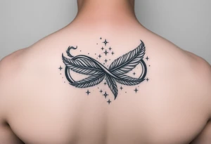 infinity symbol woven with floating feathers and stardust tattoo idea