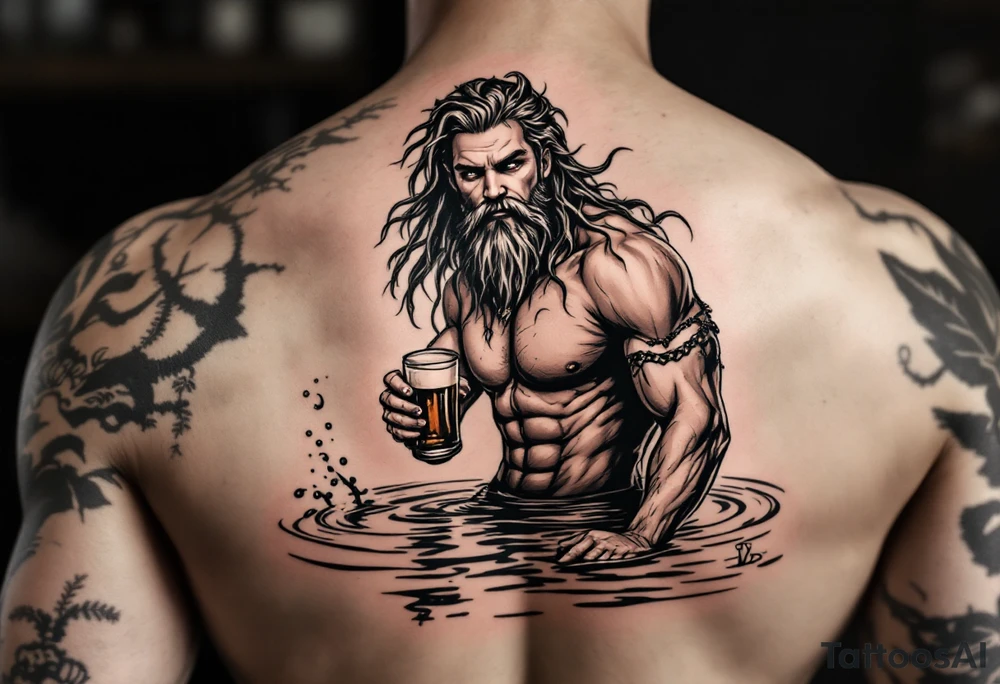 young, fit poseidon in calm water, holding a trident, drinking a beer, with foot on his bicep tattoo idea