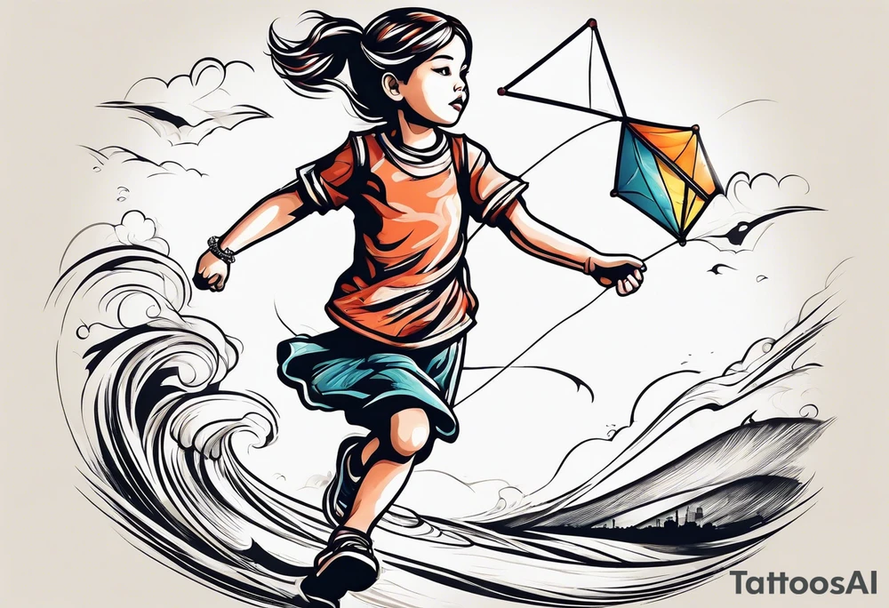 a little girl running away holding a kite tattoo idea
