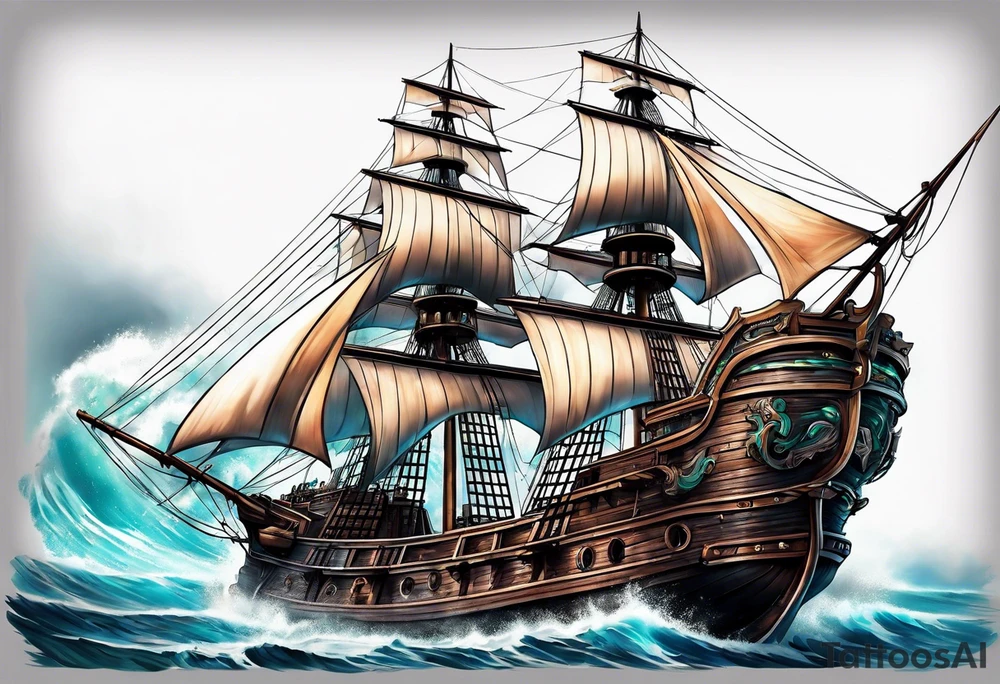 huge dark wooden ship facing left tattoo idea