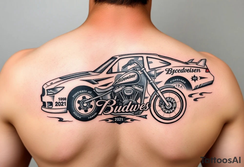 Dale Earnhardt car on it with the year 1958 - 2021 intertwined with a motorcycle with a Budweiser logo on it tattoo idea