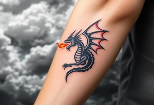 fierce dragon breathing iridescent fire against stormy skies tattoo idea