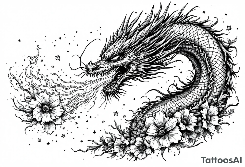 majestic scary dragon blowing fire with flowers tattoo idea