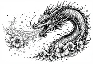 majestic scary dragon blowing fire with flowers tattoo idea