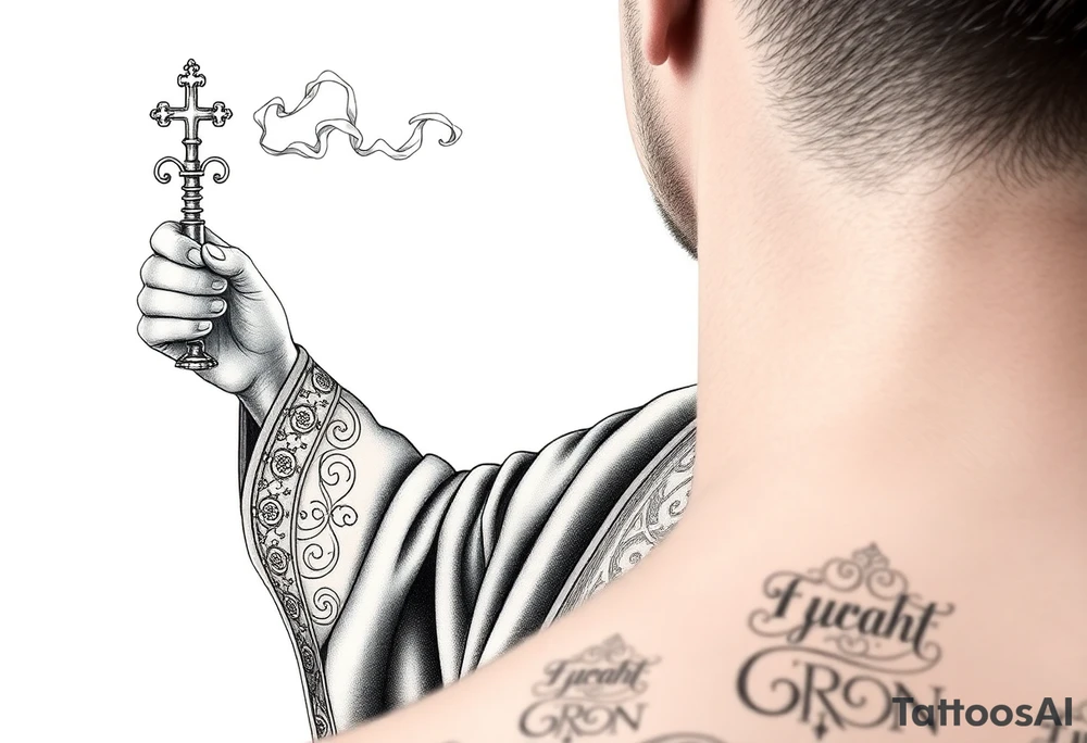 A Russian Orthodox Priest in full gold vestments swinging a censer with smoke curling upward 

The ornate robes give incredible fine line detail
The incense smoke could flow and connect to other elements
It ties directly into the church and Virgin Mary you already have
Very culturally authentic to the overall theme tattoo idea