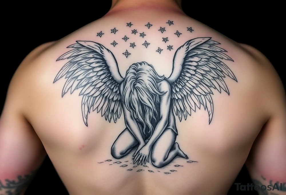 Fallen angels on knees head down looking his nonsese dropped hands on ground while his long blonde hair cover his face and his great full wings  scattered in the sky tattoo idea