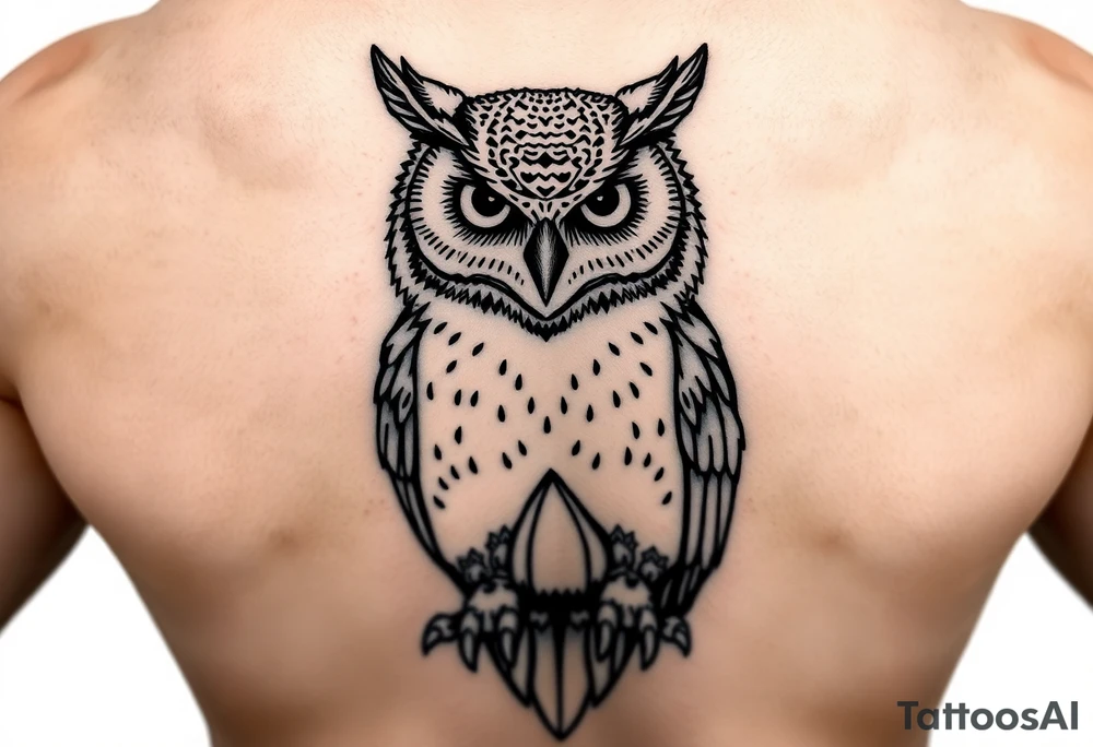 Fierce owl with half dome background in the tummy of the owl black fine line tattoo tattoo idea
