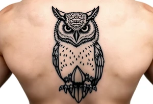 Fierce owl with half dome background in the tummy of the owl black fine line tattoo tattoo idea