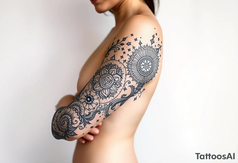 long shaman  style mytical bold line with ancient rhyme tattoo idea