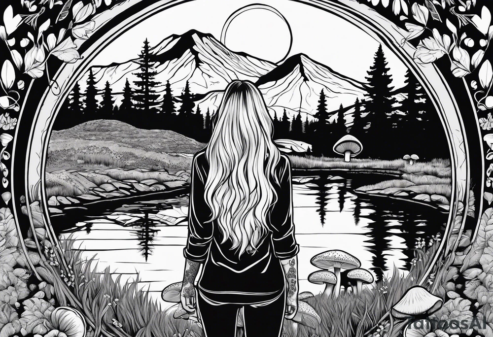 Whole picture encircled fully

Straight long blonde hair hippie girl in distance holding mushrooms in hand facing away toward mountains and creek surrounded by mushrooms long sleeve shirt and hiking pants; whole rendering within a full circle, no cut off circle tattoo idea