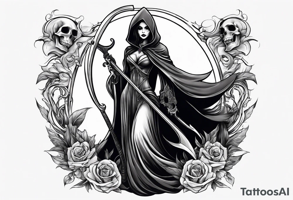 Lady grim reaper with
 scythe and skulls tattoo idea