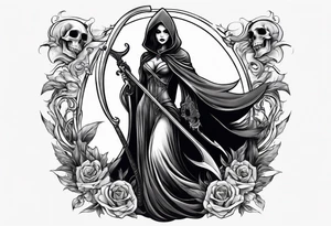 Lady grim reaper with
 scythe and skulls tattoo idea