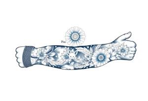 porcelain blue style with ornate, floral, and animal decor with a detailed banded border at the wrist and elbow. tattoo idea