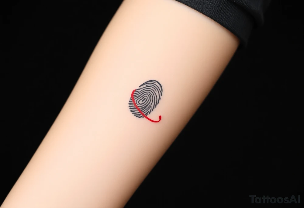 A simple black fingerprint with a thin, red ribbon looping around it, representing connection and destiny tattoo idea