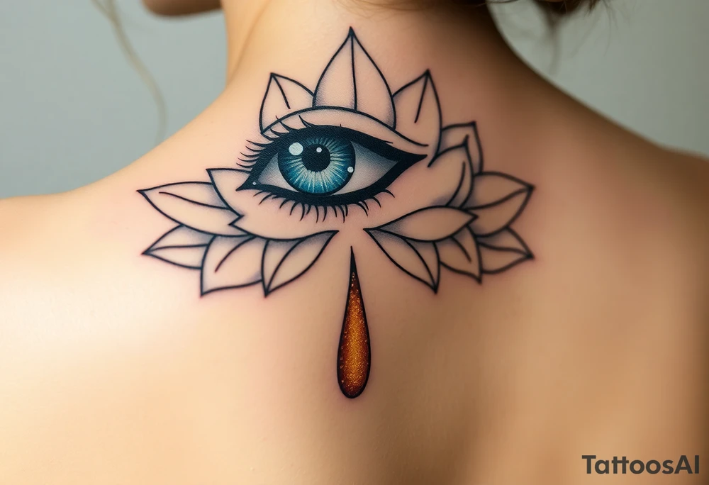 Teary eye with a dripping teardrop with gold flecks suspended in a lotus flower tattoo idea