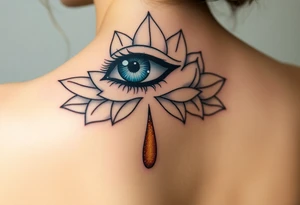 Teary eye with a dripping teardrop with gold flecks suspended in a lotus flower tattoo idea