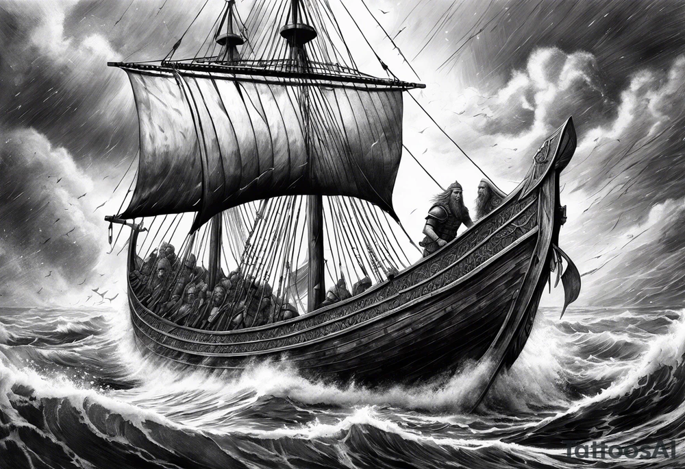 Norse mythology, ultra realism, Viking ships, war, battle, storm, chaos, detailed tattoo idea