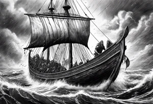 Norse mythology, ultra realism, Viking ships,  war, battle, storm, chaos,  detailed tattoo idea