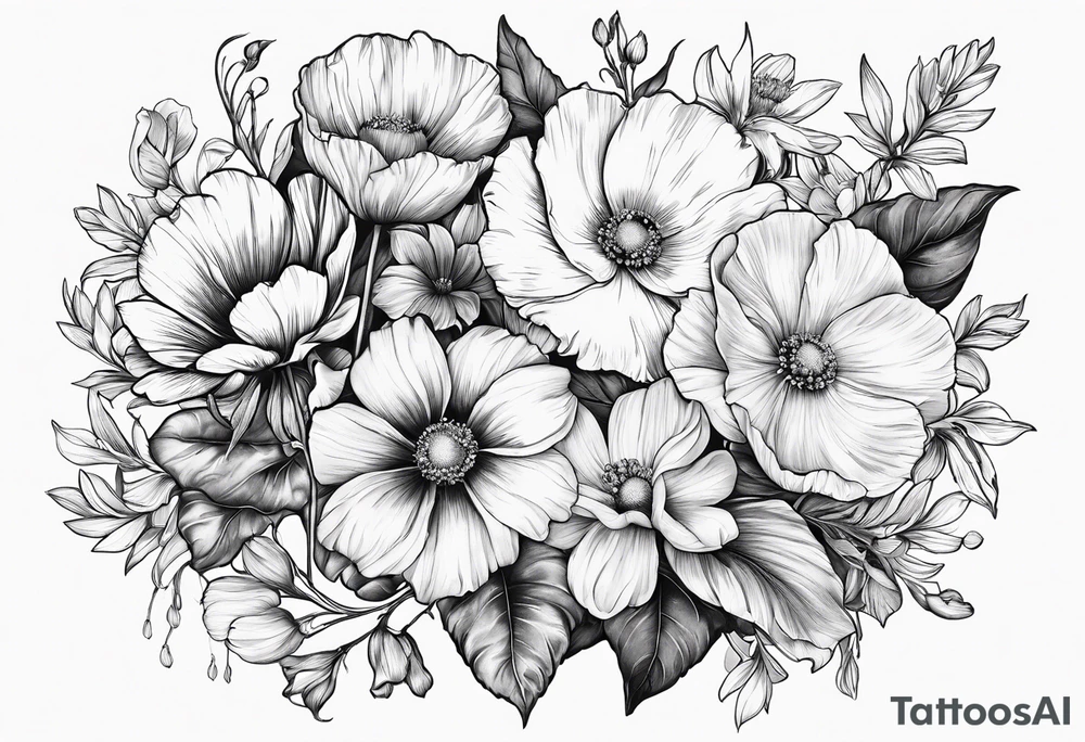 1 cosmos flower, 1 iris, 1 larkspur, 1 daisy, 1 poppy tattoo idea