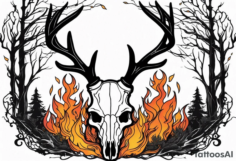 Halloween side view of a DECAYING deer skull JUST BONE surrounded by a flames and trees in background tattoo idea