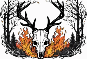 Halloween side view of a DECAYING deer skull JUST BONE surrounded by a flames and trees in background tattoo idea