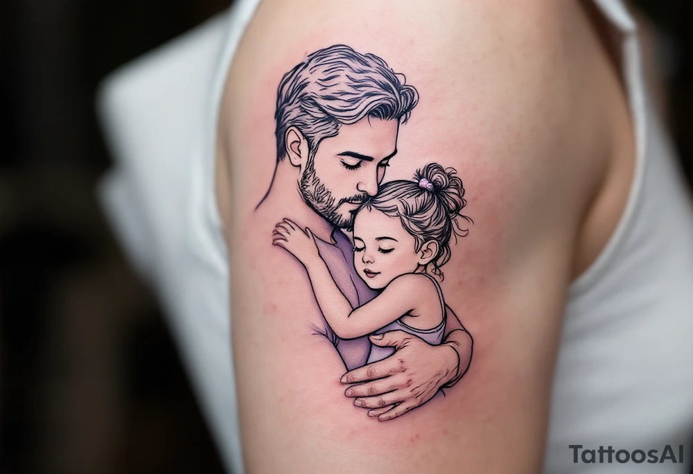 A fine-line tattoo of a father and little daughter embracing, filled with soft lavender and blush tones. tattoo idea