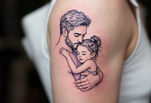 A fine-line tattoo of a father and little daughter embracing, filled with soft lavender and blush tones. tattoo idea