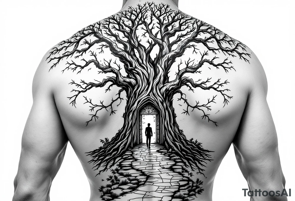 Back tattoo of a big tree with a door and a man walking through the door. On the right side draw lines that look like a treasure map connecting to the tree tattoo idea