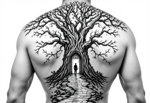 Back tattoo of a big tree with a door and a man walking through the door. On the right side draw lines that look like a treasure map connecting to the tree tattoo idea