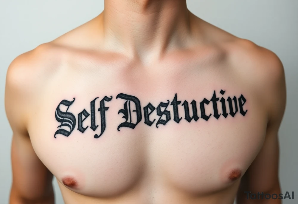 The words Self Destructive in a Chicano/old english lettering across the chest tattoo idea