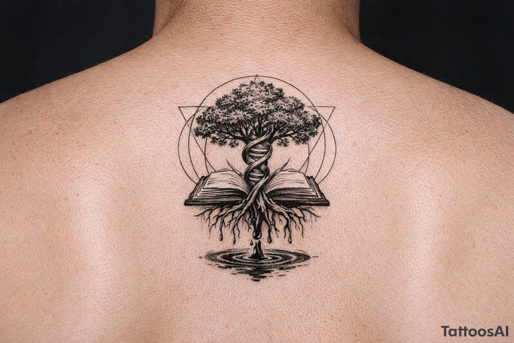 tree with dna spiral for trunk, roots sprouting from an open book, water dripping from roots into a puddle, and geometric circles surrounding design tattoo idea