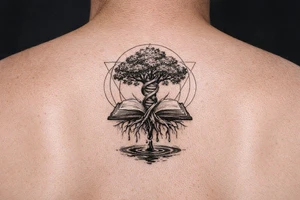 tree with dna spiral for trunk, roots sprouting from an open book, water dripping from roots into a puddle, and geometric circles surrounding design tattoo idea