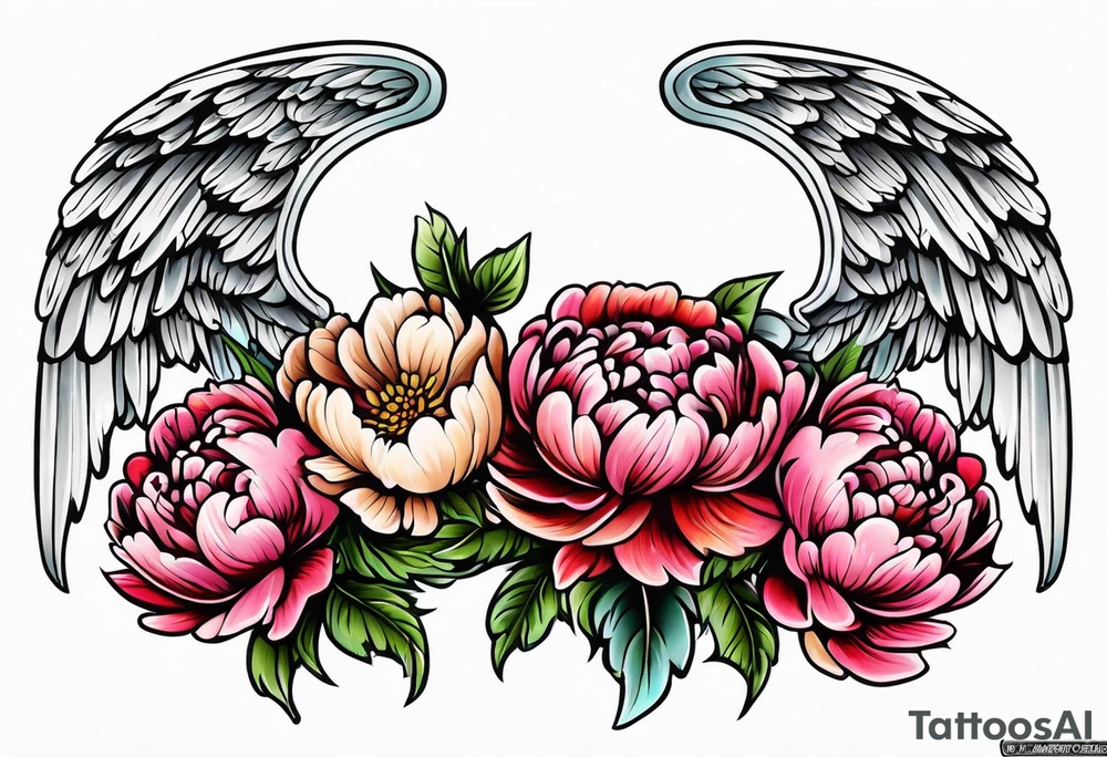 beautiful angel wings with colorful, peonies. beautiful flilligree in the background , full color, traditional old school , white background tattoo idea