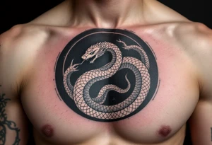 A white ouroboros (snake eating its tail) on a black circular background, symbolizing eternal safety. tattoo idea
