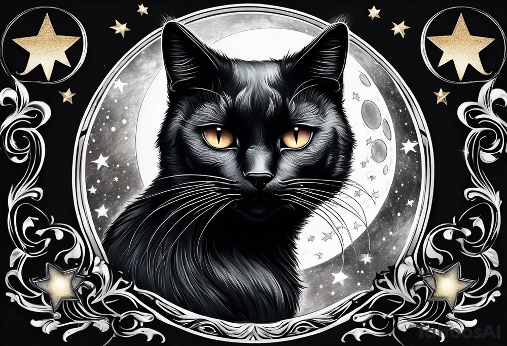 Photo realistic black cat head with moon and stars tattoo idea