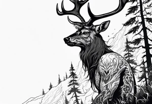 A spooky dead lore accurate wendigo side profile surrounded by a forest fire in background tattoo idea