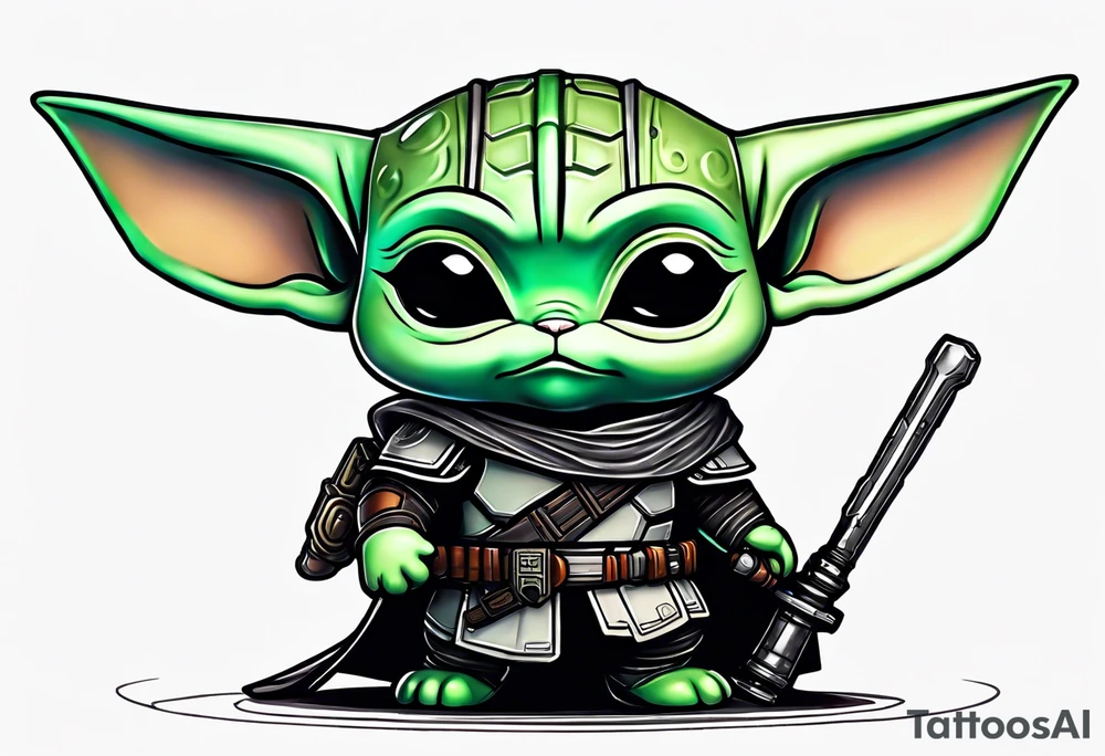Baby grogu wearing black mandalorian armor,  and  wielding a green lightsaber tattoo idea