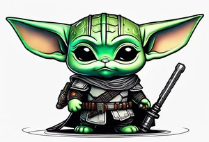 Baby grogu wearing black mandalorian armor,  and  wielding a green lightsaber tattoo idea