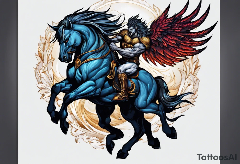 Muscular werewolf and Pegasus fighting in the night tattoo idea