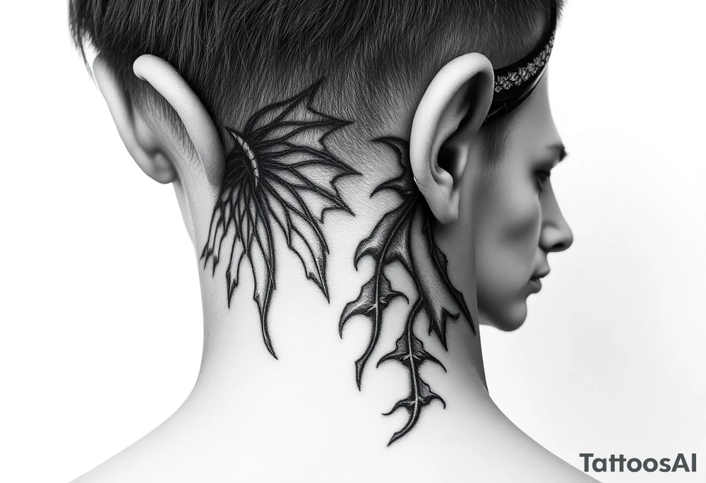 position behind the neck Angel (on the right) whispering in the right ear, demon (on the left) whispering in the left ear. It must be as realistic as possible. tattoo idea